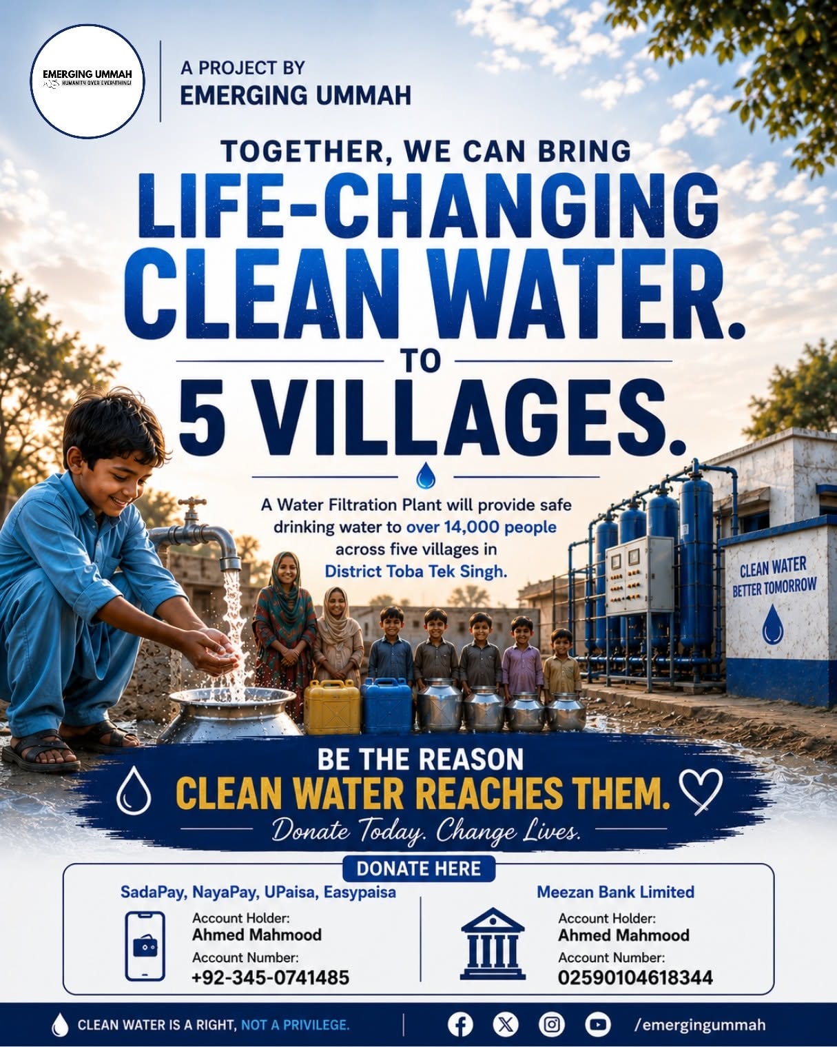 Emerging Ummah Community water filtration plant campaign poster — clean water for 5 villages in Toba Tek Singh
